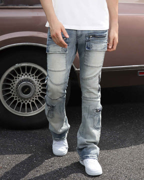 Light Wash Distressed Cargo Jeans with Zipper Pockets