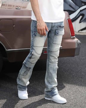 Light Wash Distressed Cargo Jeans with Zipper Pockets