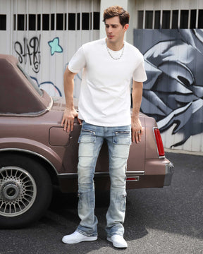 Light Wash Distressed Cargo Jeans with Zipper Pockets