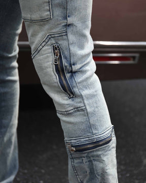 Light Wash Distressed Cargo Jeans with Zipper Pockets-Mexico Local Delivery