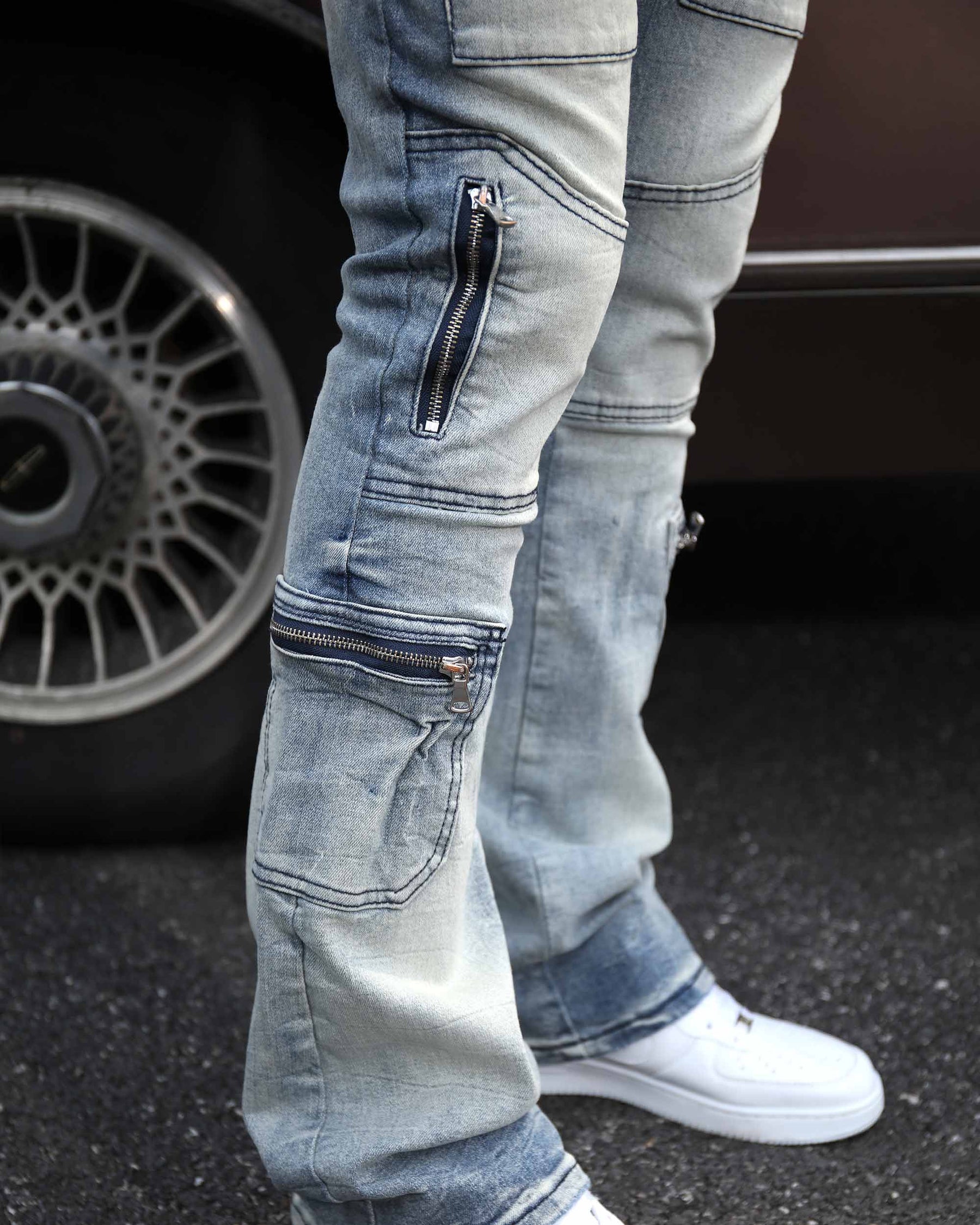 Light Wash Distressed Cargo Jeans with Zipper Pockets-Mexico Local Delivery