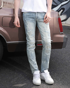 Distressed Slim Fit Blue Ripped Jeans-Mexico Local Delivery