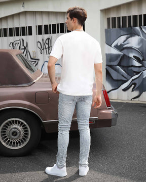 Logeqi Slim Fit Light Wash Blue Ripped Jeans with Small Rips