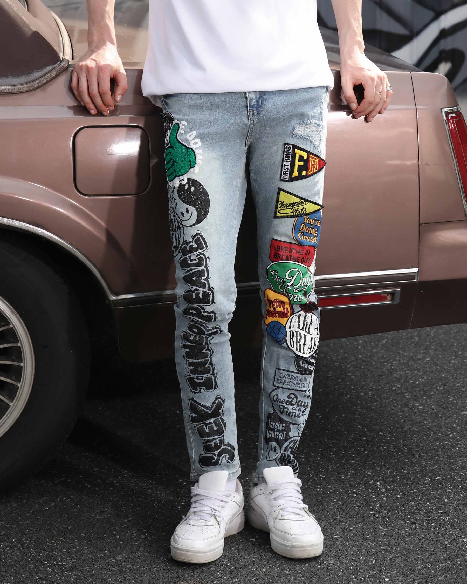 Hip Hop Fashion Slim Fit Light Wash Blue Jeans-Mexico Local Delivery