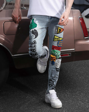 Hip Hop Fashion Slim Fit Light Wash Blue Jeans-Mexico Local Delivery