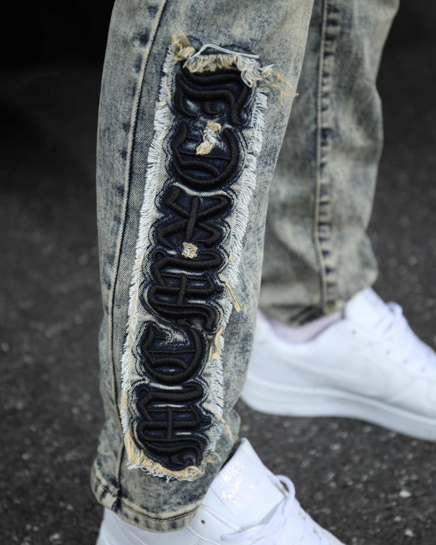 Graffiti Dark Washed Straight Leg Blue Ripped Jeans