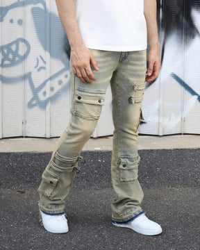 Industrial Style Distressed Straight Leg Cargo Jeans