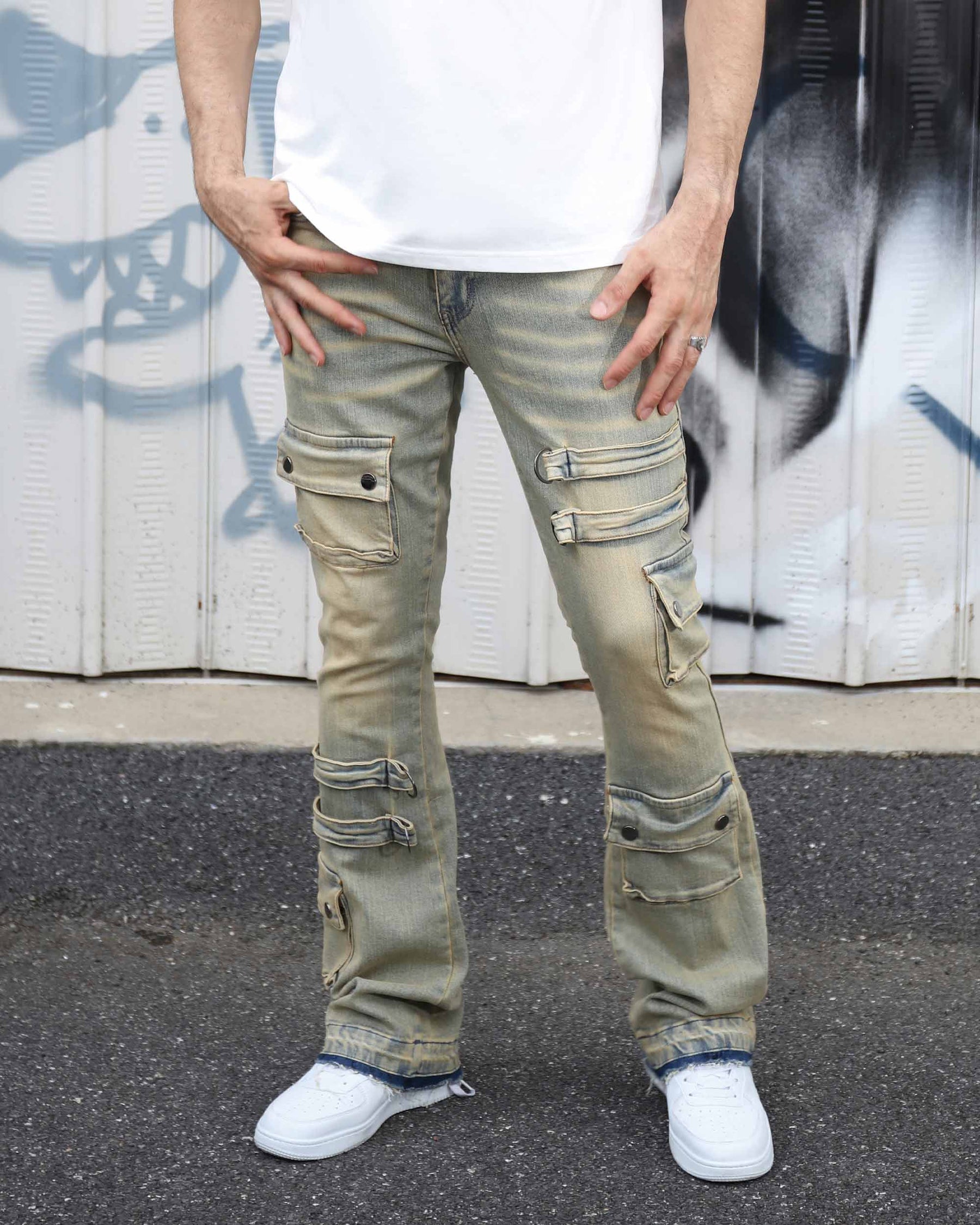 Industrial Style Distressed Straight Leg Cargo Jeans