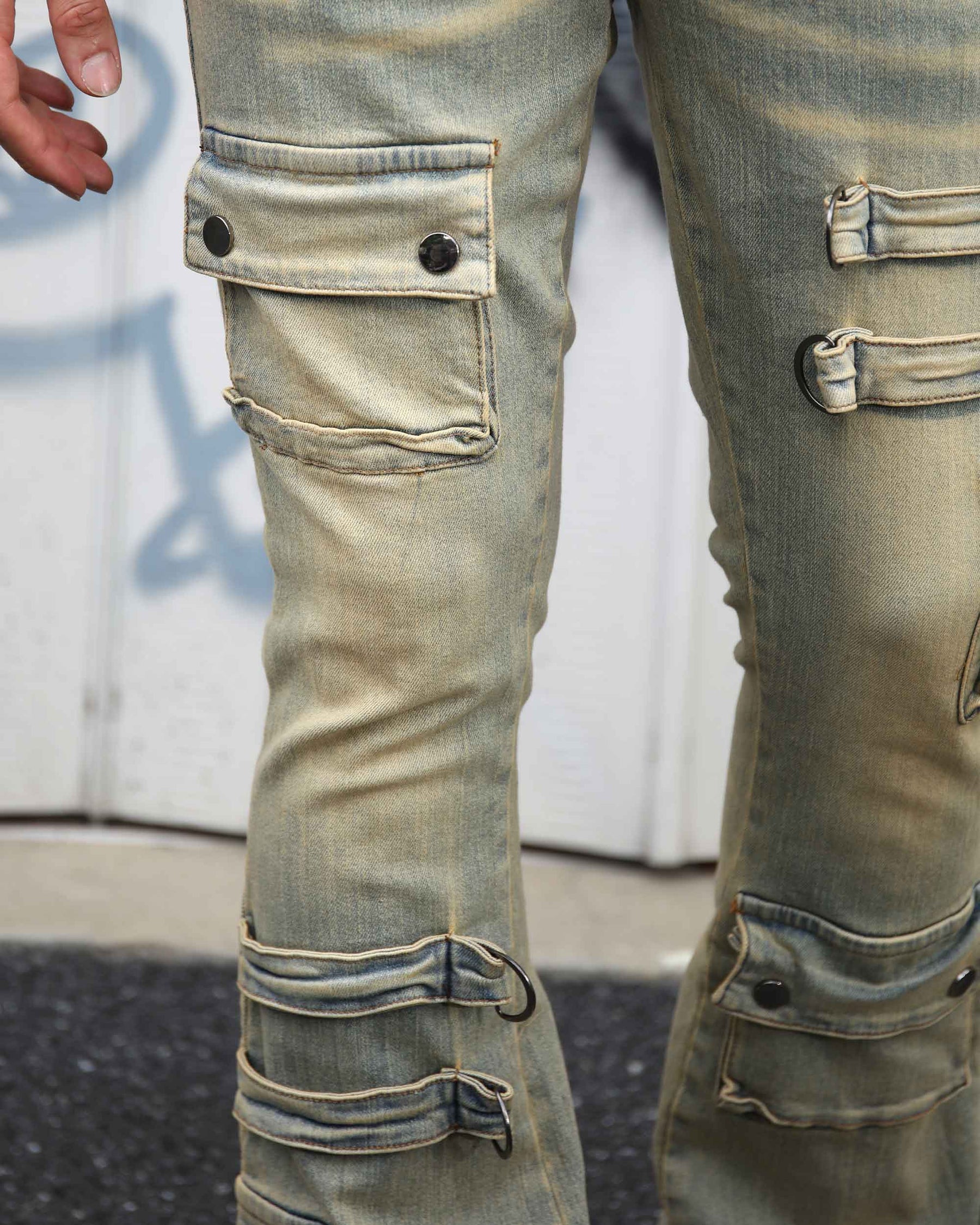 Industrial Style Distressed Straight Leg Cargo Jeans