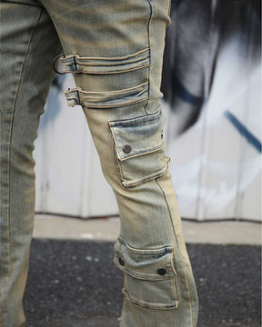 Industrial Style Distressed Straight Leg Cargo Jeans