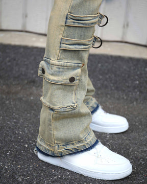 Industrial Style Distressed Straight Leg Cargo Jeans