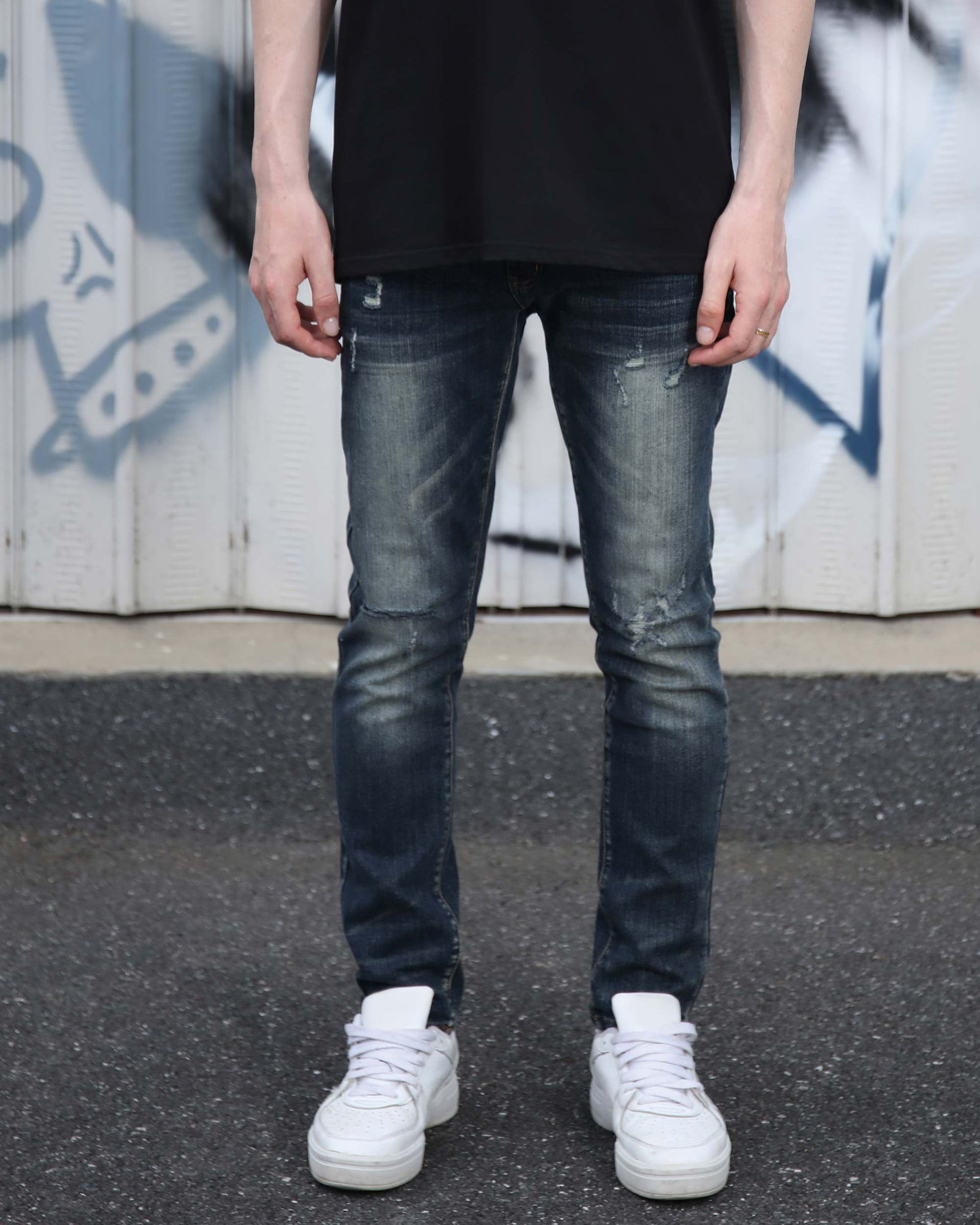 LOGEQI Classic Slim Fit Blue Jeans with Ripped Accents