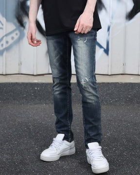 LOGEQI Classic Slim Fit Blue Jeans with Ripped Accents