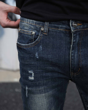 LOGEQI Classic Slim Fit Blue Jeans with Ripped Accents