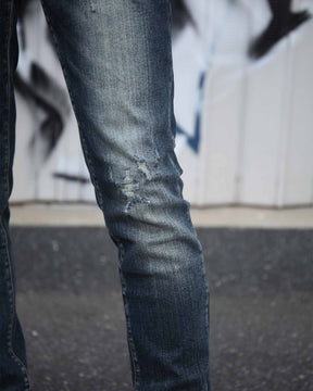 LOGEQI Classic Slim Fit Blue Jeans with Ripped Accents