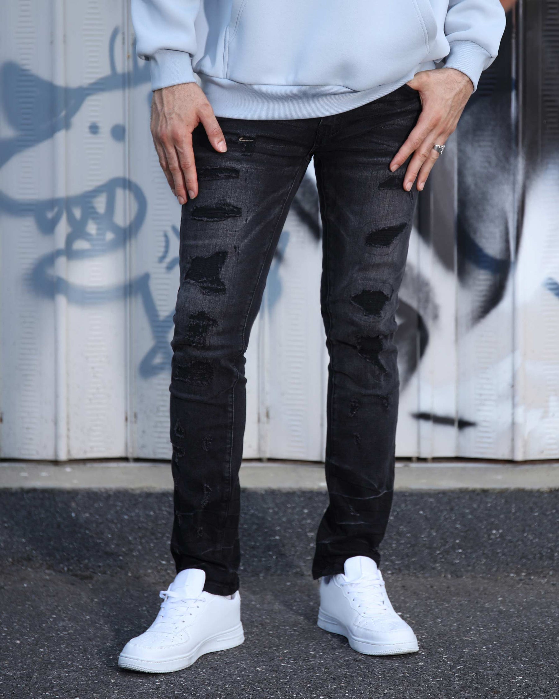 Logeqi Street Gothic Black Ripped Jeans