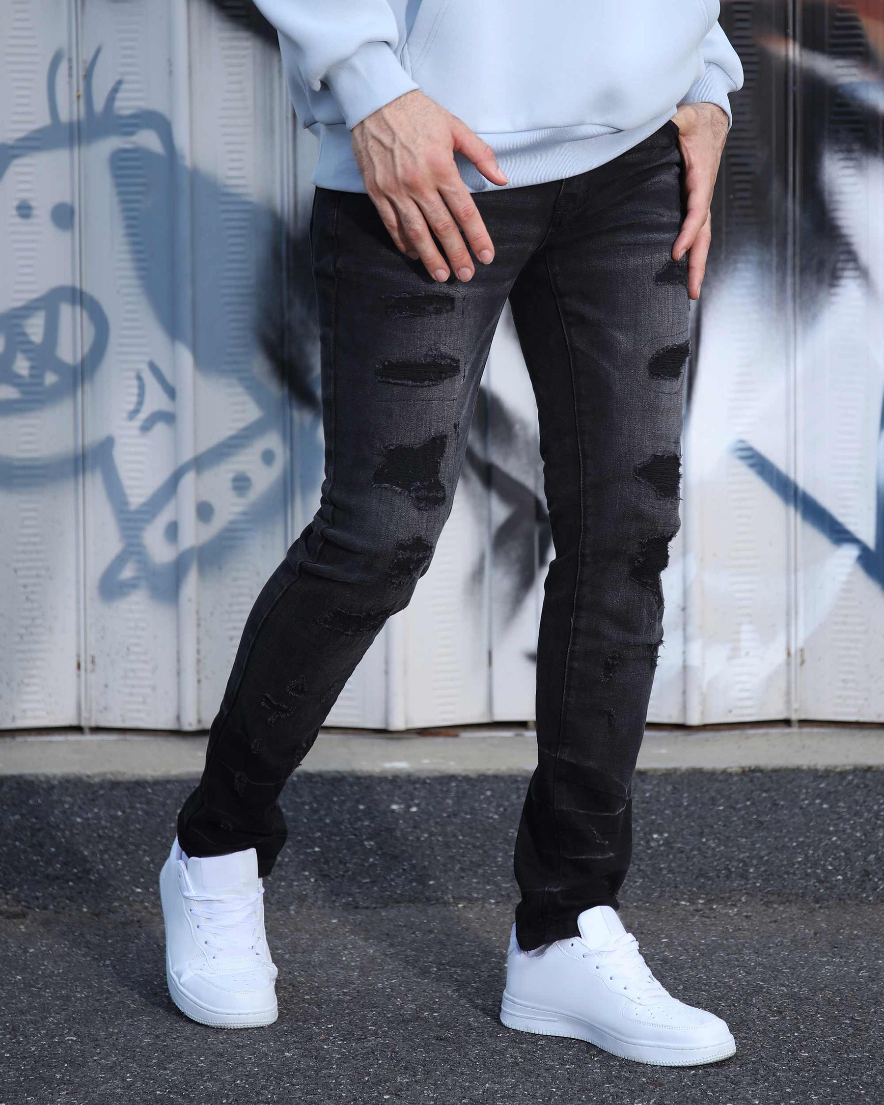 Logeqi Street Gothic Black Ripped Jeans