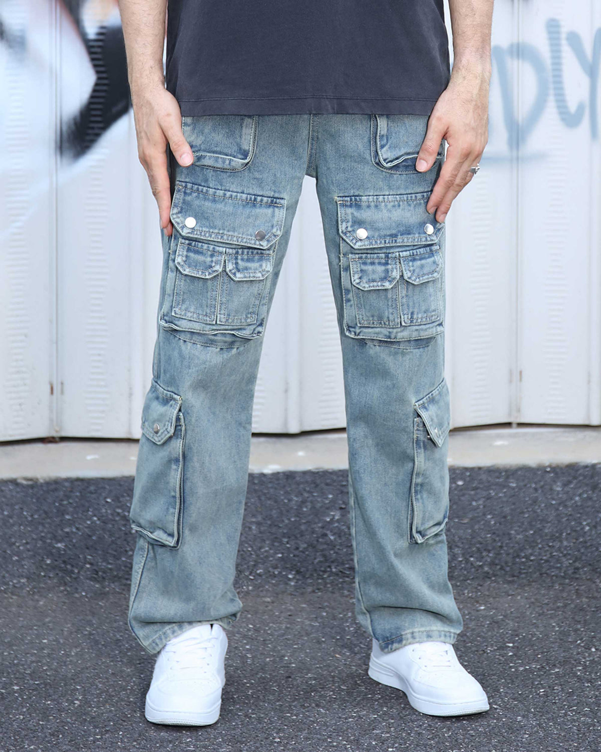 Logeqi Distressed Craftsmanship in Blue Baggy Jeans with Multiple Pockets