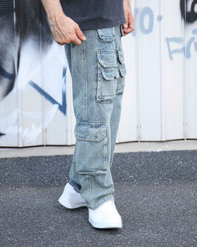 Logeqi Distressed Craftsmanship in Blue Baggy Jeans with Multiple Pockets