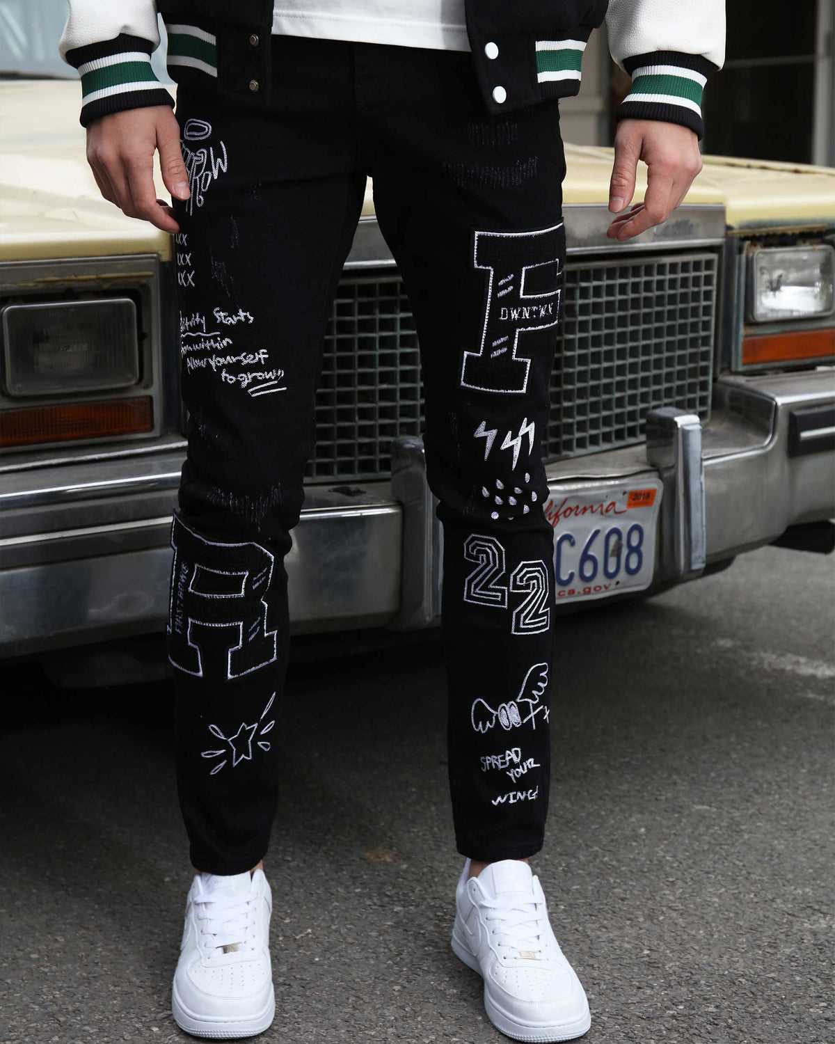 Black Urban Graffiti Embroidery Slim-fit Jeans-Mexico Local Delivery