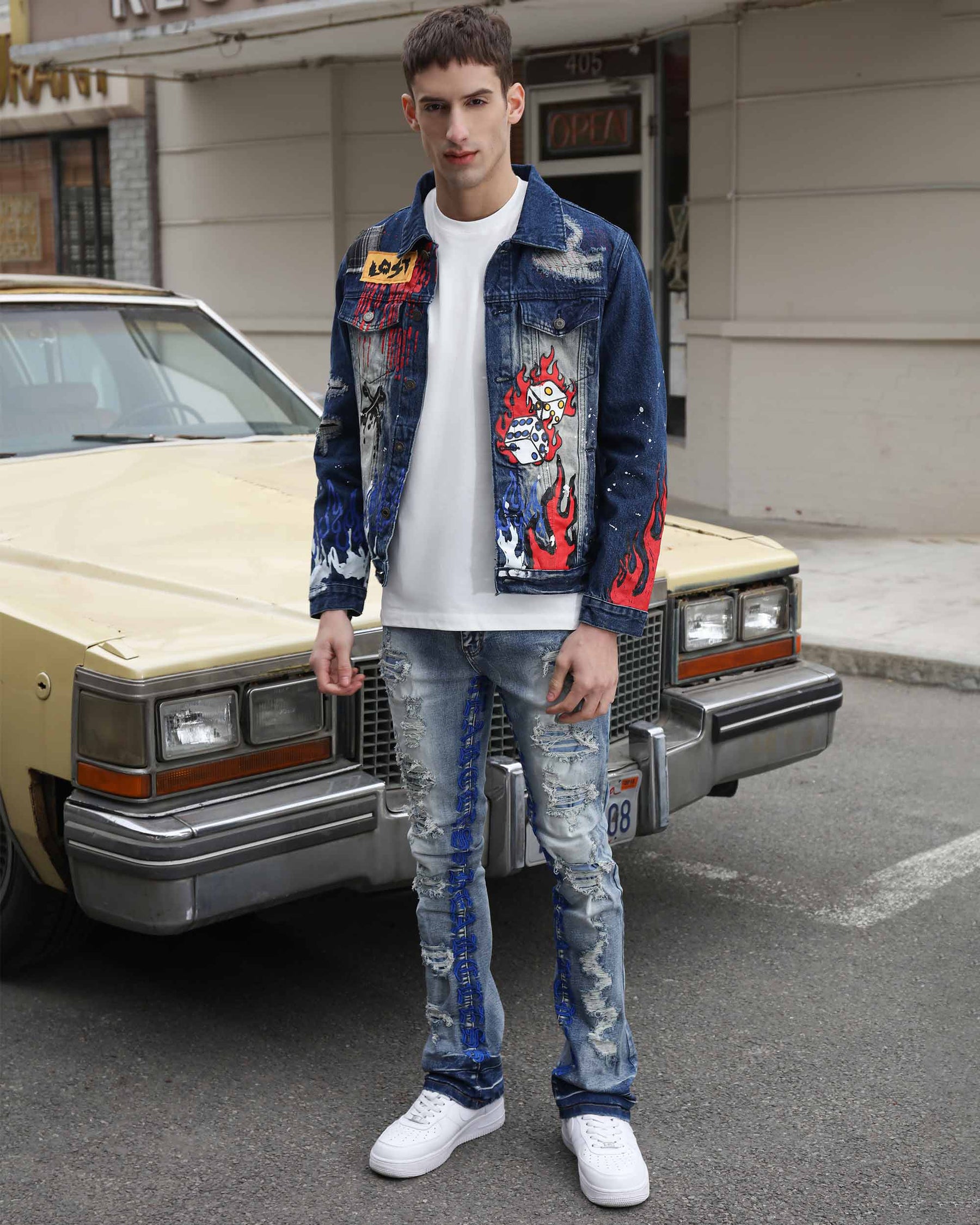 Blue Denim Jacket with Street Graffiti and Ripped