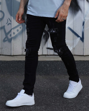 LOGEQI Hip Hop Black Ripped Jeans with Cashew Flower Patch