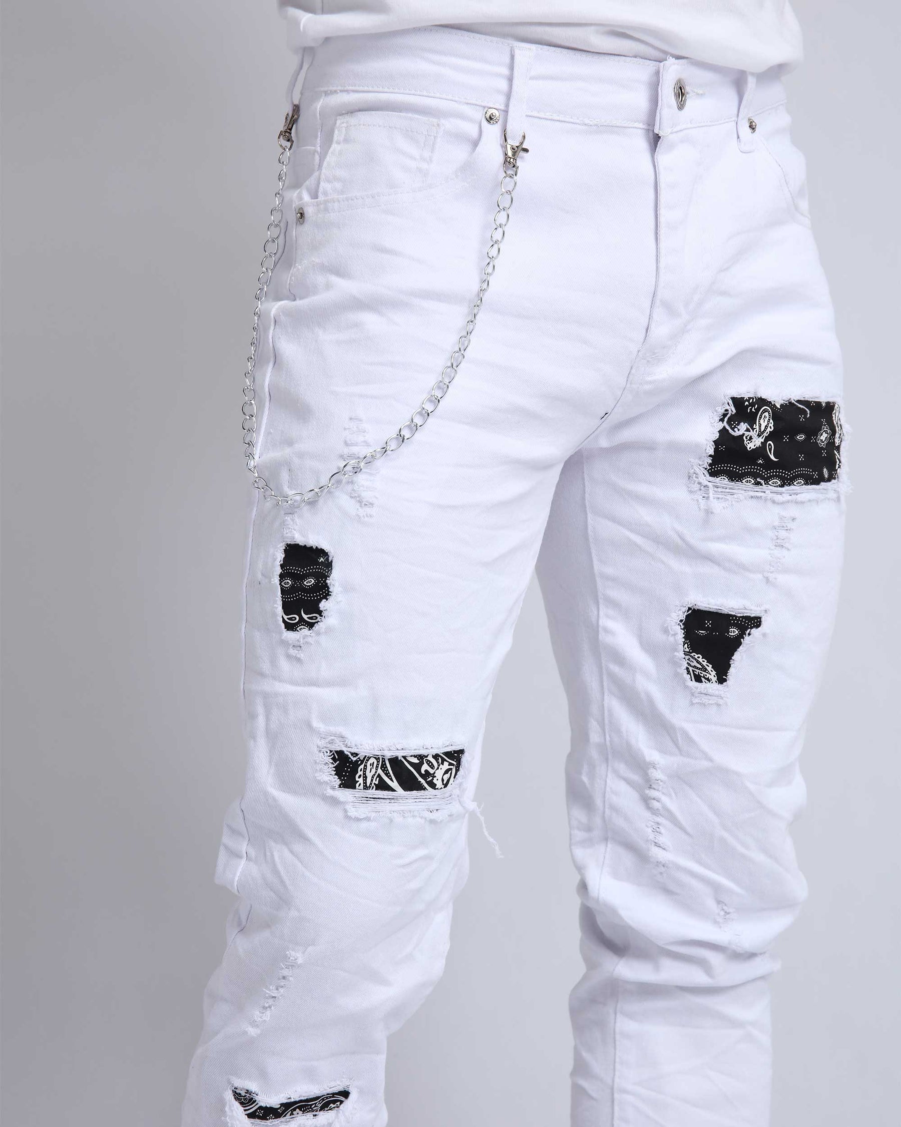 Men Cotton Letter Patched Ripped Jeans