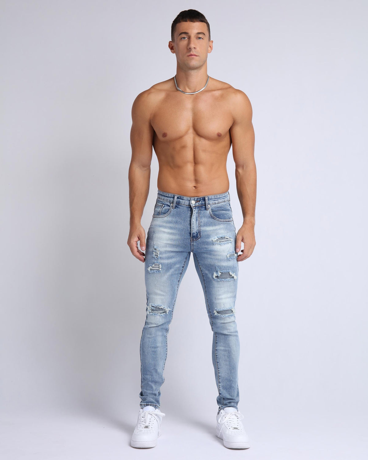 LOGEQI Light Wash Slim Fit Ripped Blue Jeans