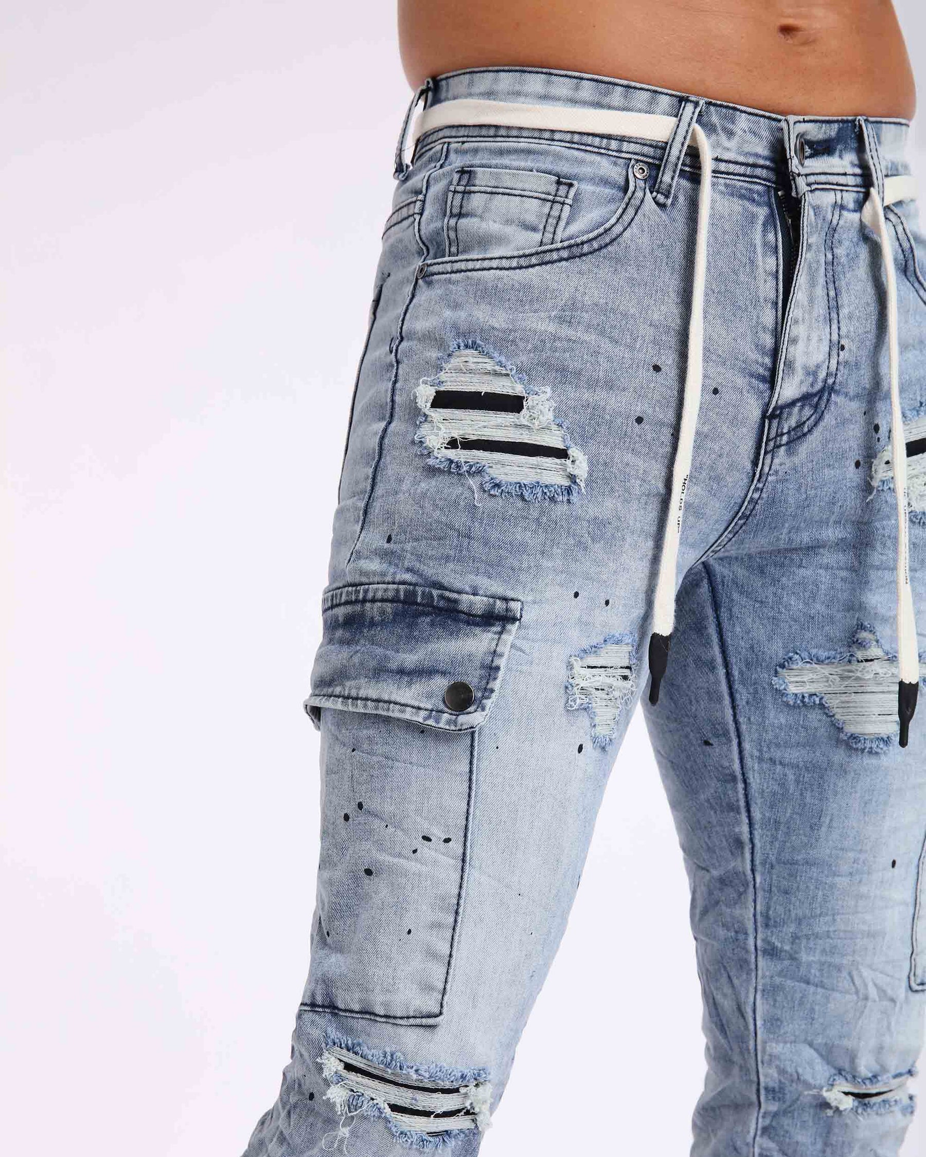 LOGEQI Irregular Spray Paint Blue Ripped Jeans