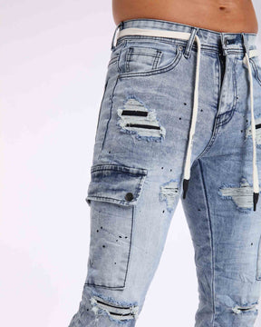 LOGEQI Irregular Spray Paint Blue Ripped Jeans