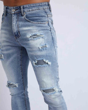 LOGEQI Light Wash Blue Ripped Jeans