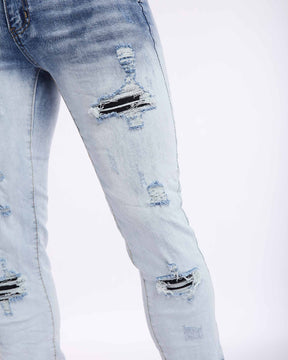 LOGEQI Light Wash Slim Fit Blue Ripped Jeans