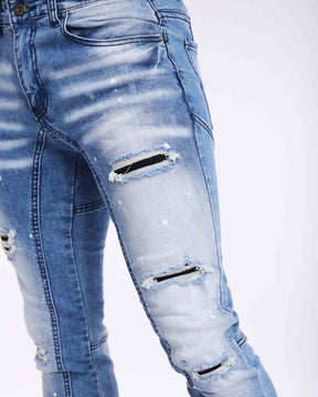 LOGEQI Slim Fit Spray Paint Blue Ripped Jeans