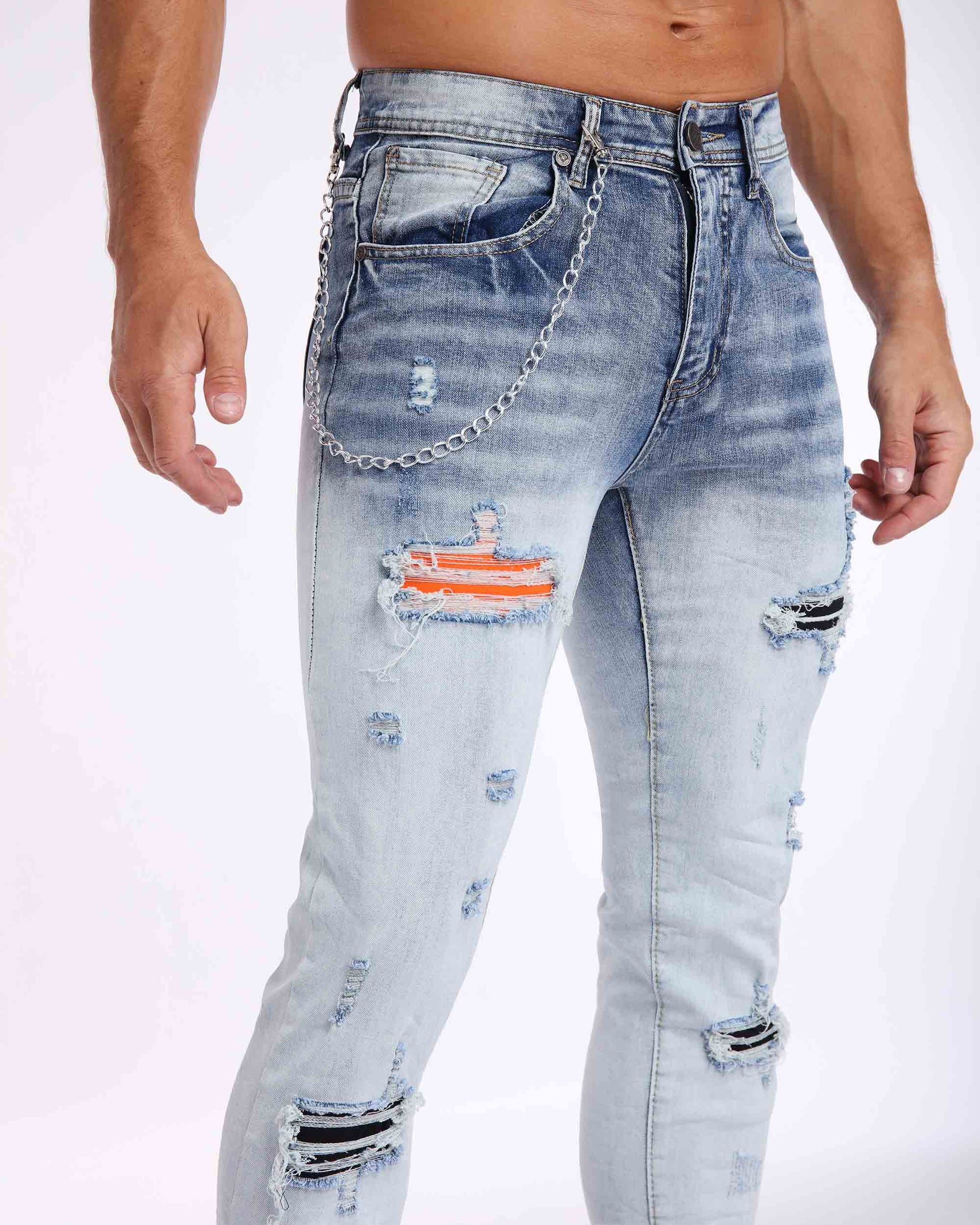 LOGEQI Slim Fit Irregular Washed Blue Ripped Jeans