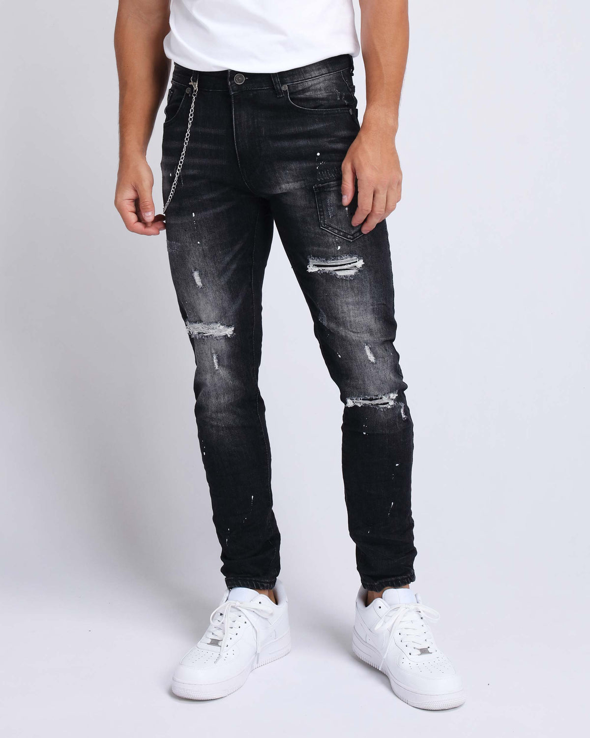 LOGEQI Spray Paint Slim Fit Ripped Black Jeans