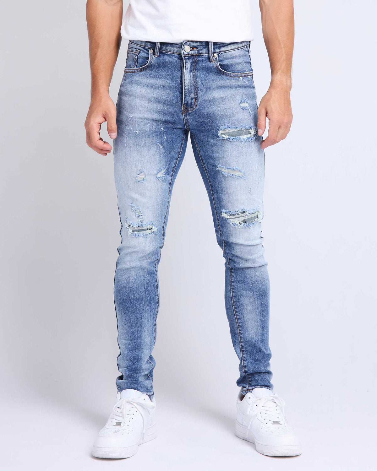 LOGEQI Irregular Wash Spray Paint Blue Ripped Jeans