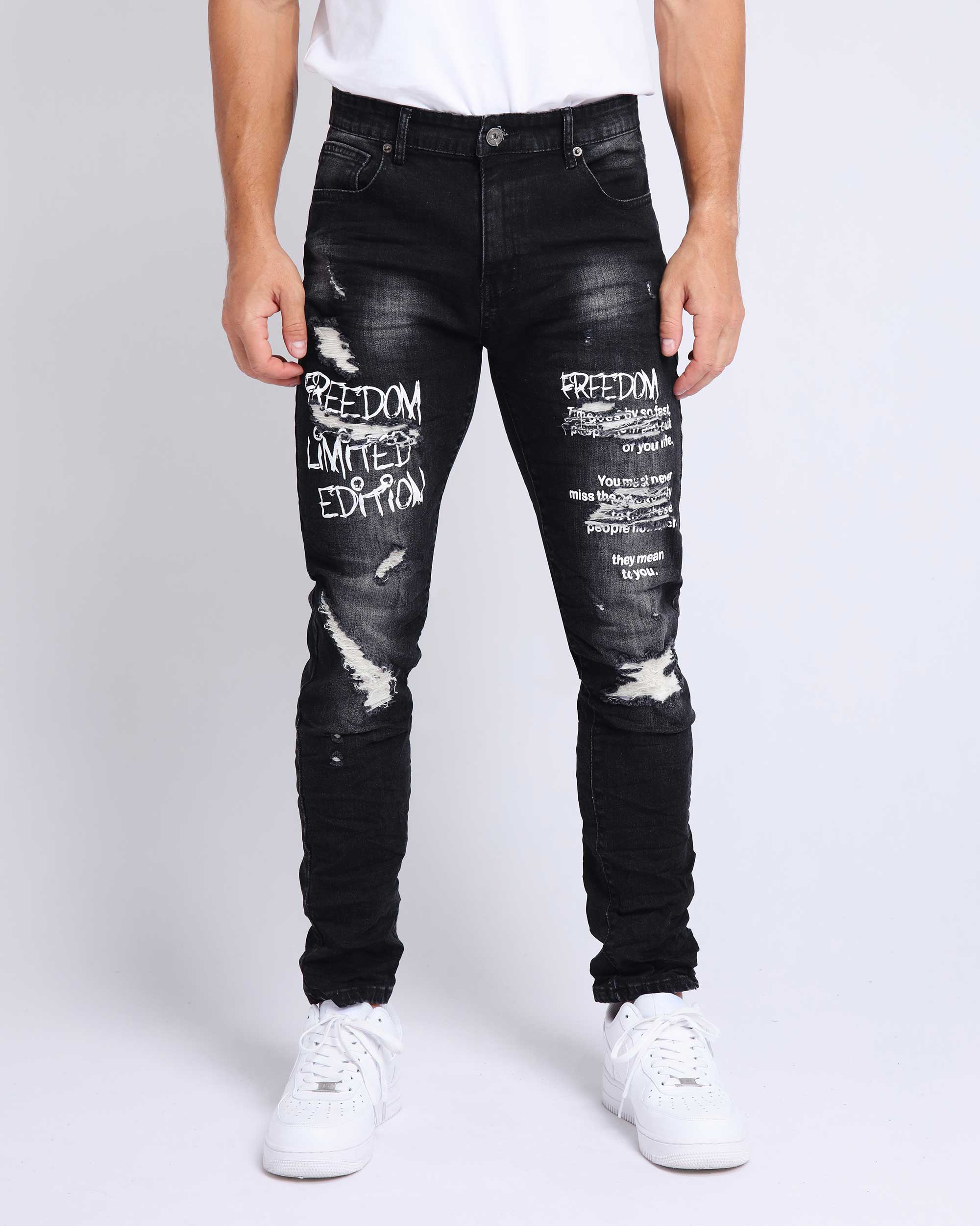 Men's Gothic Graffiti Slim Fit Ripped Black Jeans-LOGEQI