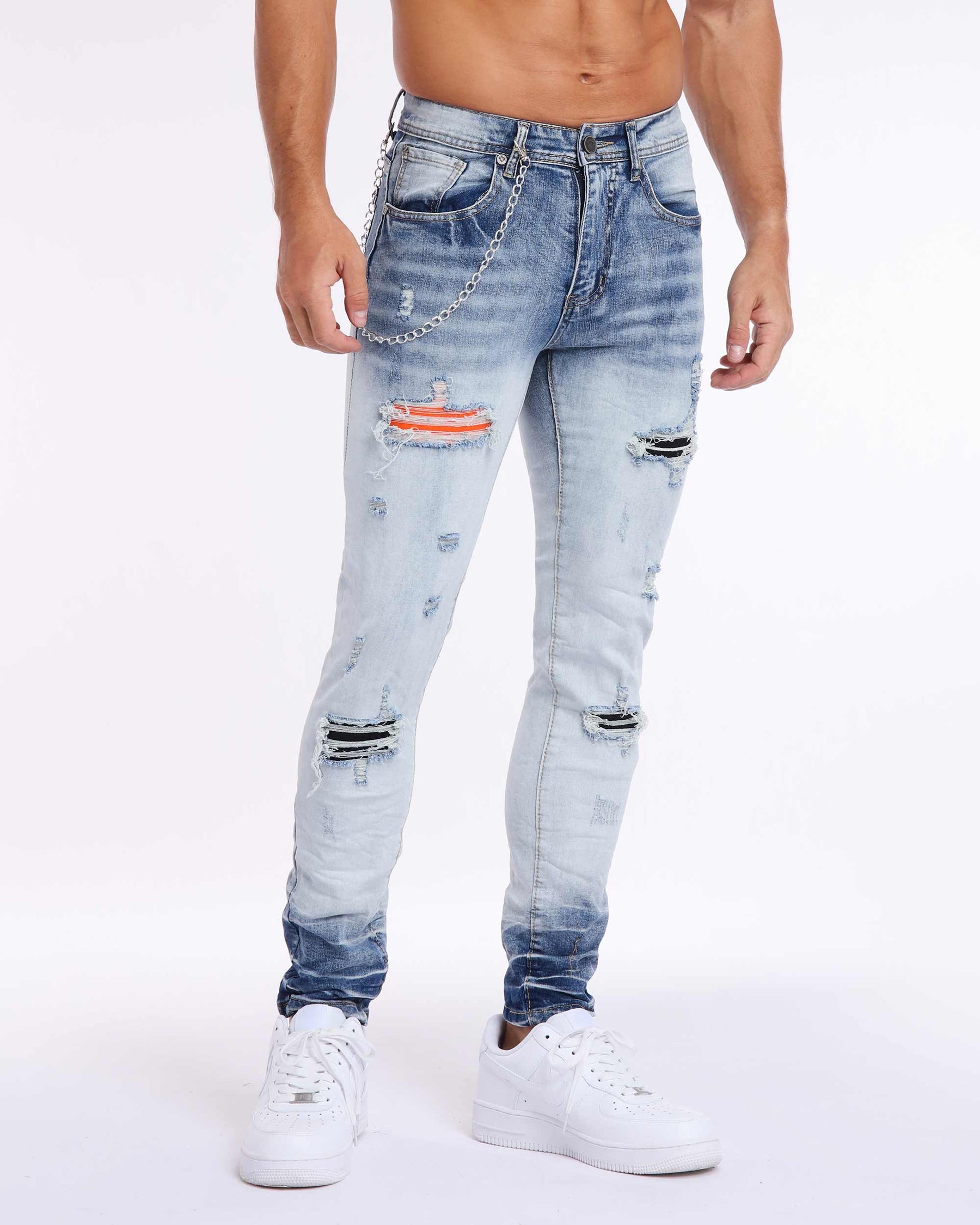 LOGEQI Irregular Washed Skinny Blue Ripped Jeans