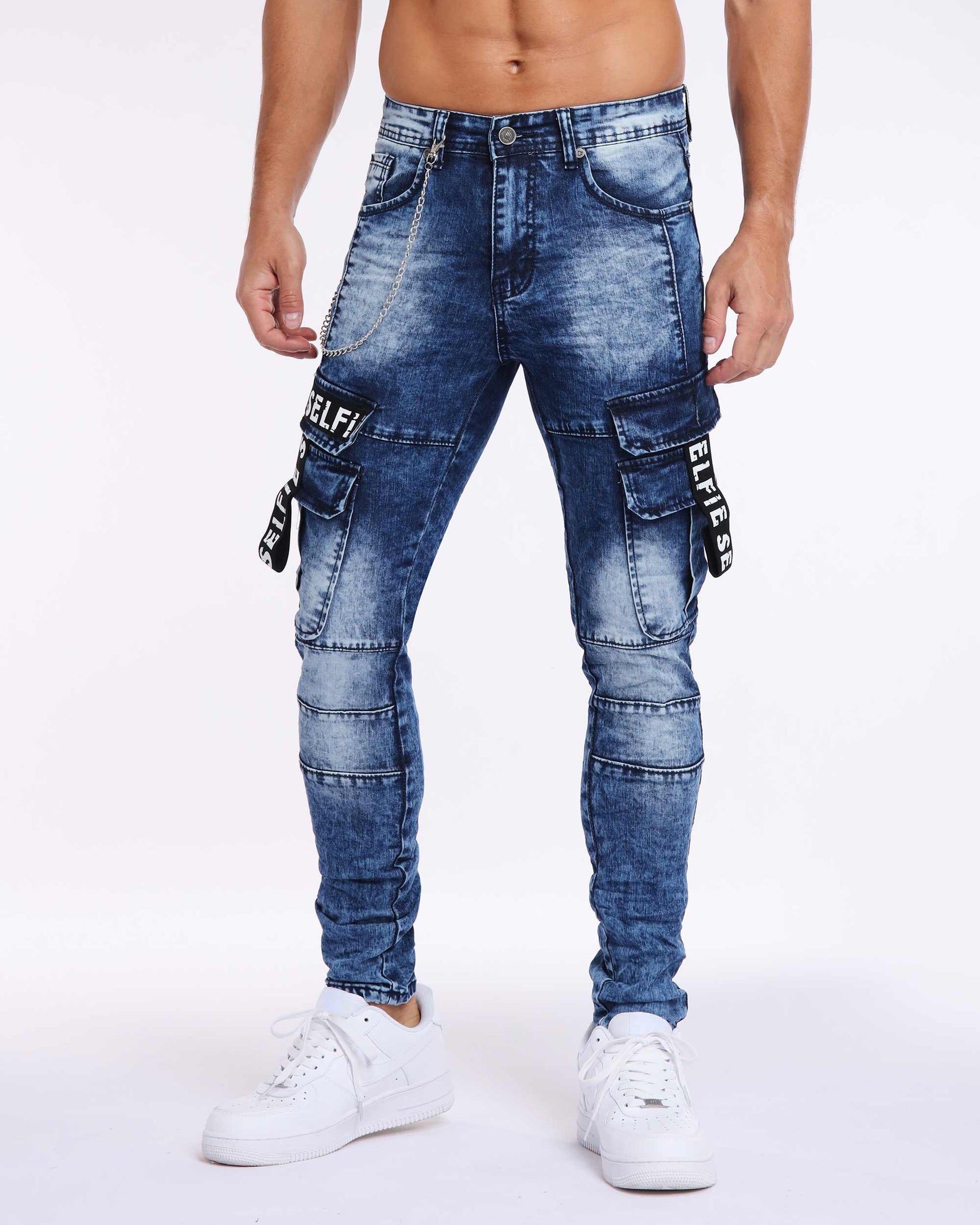 LOGEQI Printed Webbing Workwear Slim Fit Blue Jeans