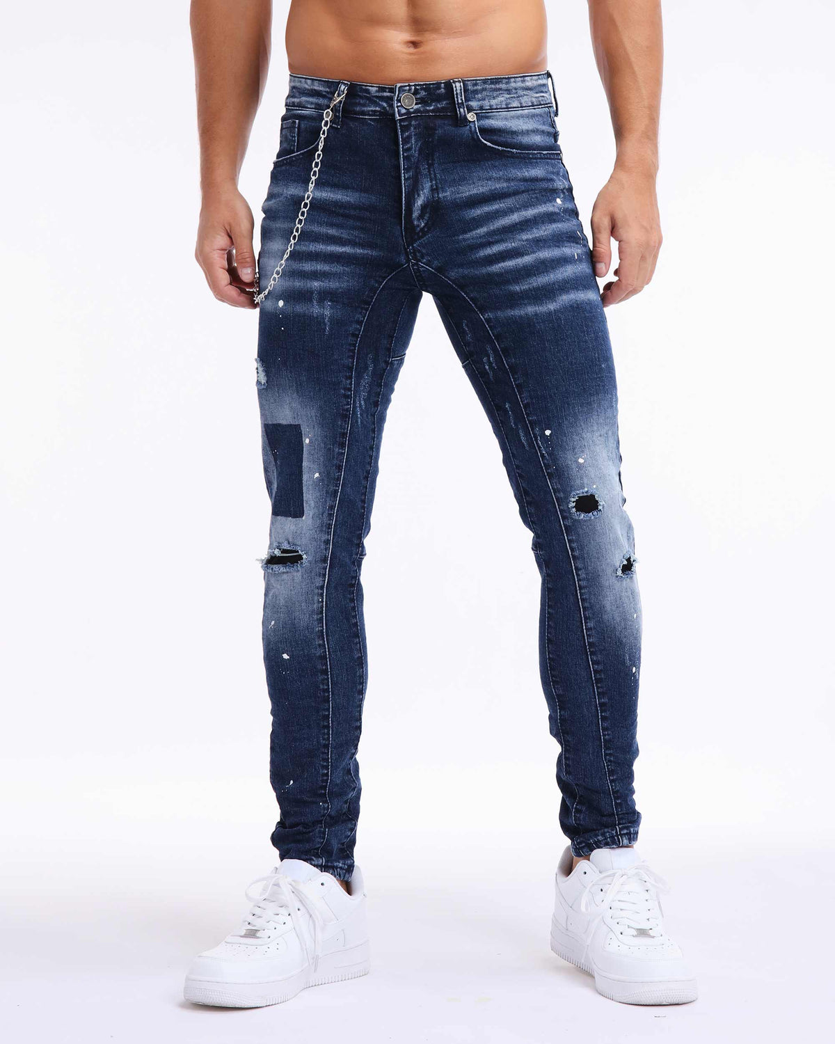 LOGEQI Spray Paint Rectangular Patch Ripped Blue Jeans