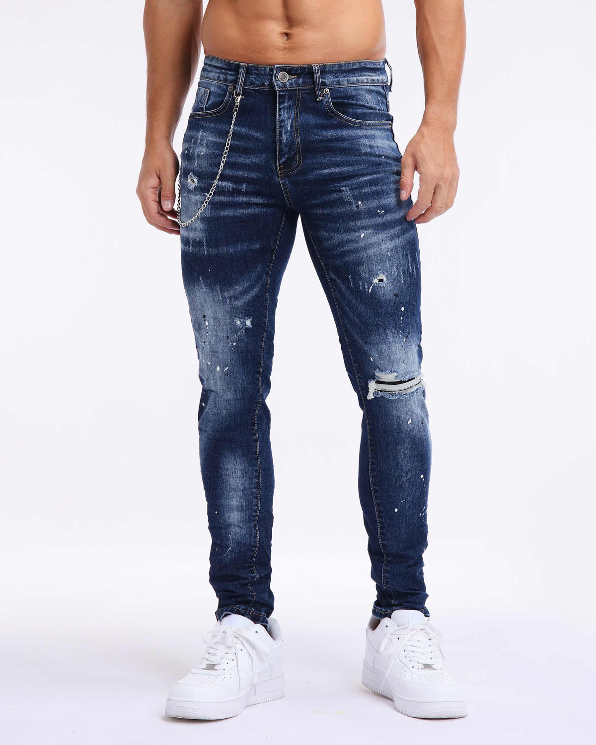LOGEQI Spray Paint Slim Fit Blue Jeans in Deep Wash