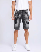 LOGEQI Printed Webbing Patch Black Ripped Denim Shorts