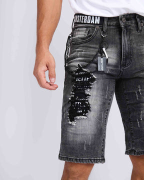 LOGEQI Printed Webbing Patch Black Ripped Jeans Shorts