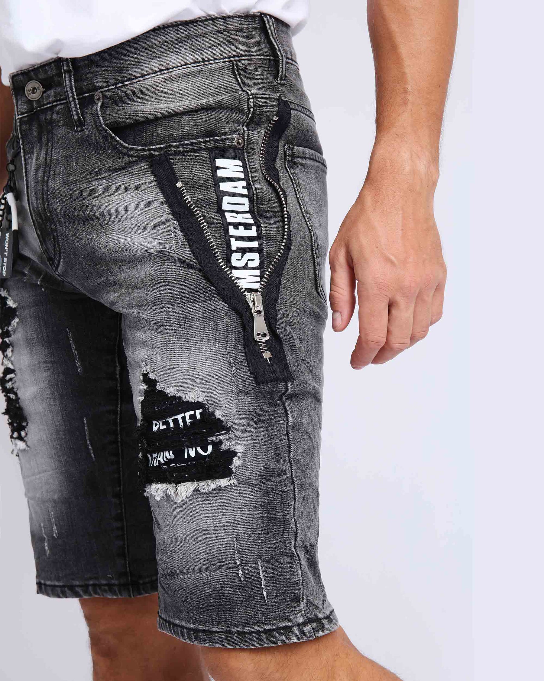 LOGEQI Printed Webbing Patch Black Ripped Jeans Shorts